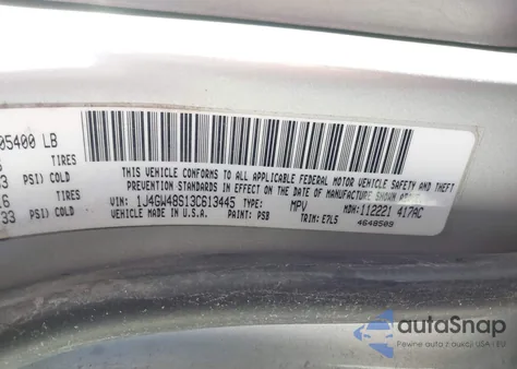 2003 Jeep Grand Cherokee Laredo z USA, uszkodzony, nr VIN 1J4GW48S13C613445